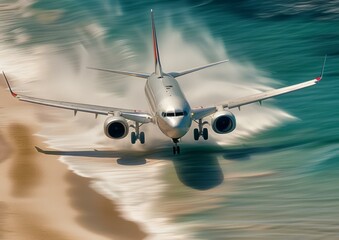 Wall Mural - A large airplane flying over the ocean on a beach. Generative AI.