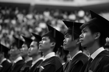 Wall Mural - Rows of graduates in black gowns and caps during a graduation ceremony