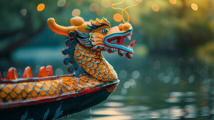 Wall Mural - close-up of a detailed dragon boat, focus on ornaments and bright colors, with a blurry river background to highlight the details of the boat, AI generated Images