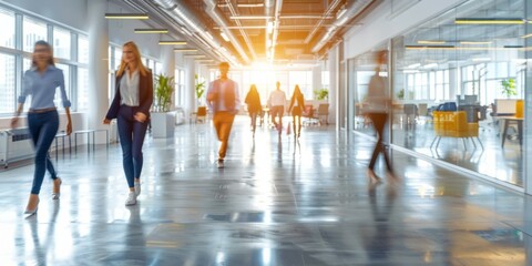 Poster - A group of people walking down a long hallway in an office building. AI.