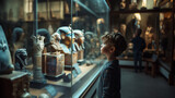 Child looking at the historical item of an ancient time in the museum Little boy watching 