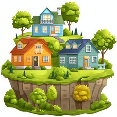 Wall Mural - A cartoon drawing of a hill with three houses on it. The houses are of different colors and sizes, and they are all on top of a hill. The houses are surrounded by trees and grass