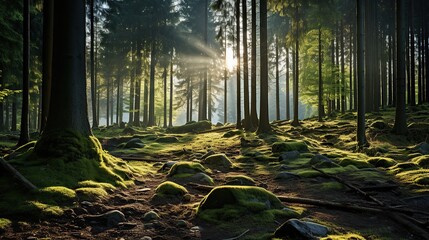 Sticker - View of a forest with sunlight shining through the trees