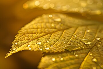 closeup golden leaf with raindrops wallpaper, macro blurred yellow background, concept of freshness in nature