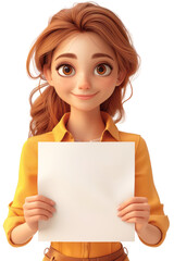 Poster - Cartoon Cute Woman Showing a Blank Poster in the Hands extreme closeup. Generative AI