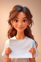 Poster - Cartoon Cute Woman Showing a Blank Poster in the Hands extreme closeup. Generative AI
