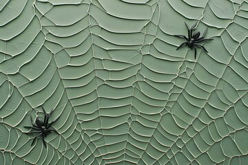 voluminous olive green web with two black spiders, arachnophobia, wallpaper, banner