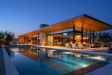 outdoor living space - modern mansion in the desert at night with swimming pool