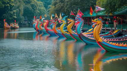 Wall Mural - Dragon Boat Festival with colorful traditional dragon boats, lined up on a calm river, Ai Generated Images