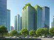 Eco friendly building in the modern city. green tree branches with leaves and sustainable glass building for reducing heat and carbon dioxide. office building with green environment