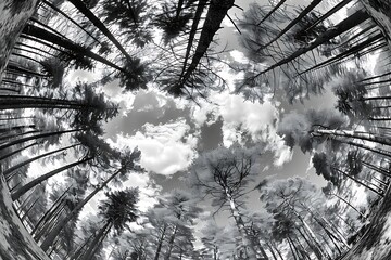 Forest black and white, fish eye view .