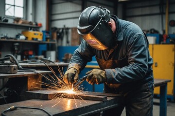 Welder welding a metal in workshop