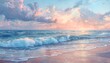 Pastel Seascape: Gentle waves hitting the sandy beach. The skyline is a mix of pastel shades of blue and pink.