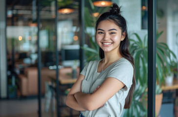 A confident young woman is standing in an office, smiling and looking at the camera with her arms crossed on top of each other.