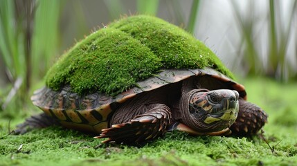 Showcases a turtle emerging from hibernation in early spring, its shell covered in the earthy greens of moss and algae, a testament to its survival through the seasons