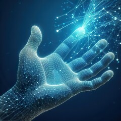 Abstract wireframe human hand reaching or giving something, blue background. Concept of technology and digital creation with polygon mesh