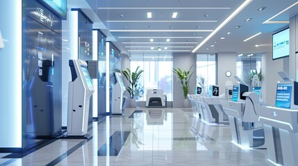 Modern bank interior with digital kiosks and robotic assistants