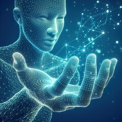 Abstract wireframe human hand reaching or giving something, blue background. Concept of technology and digital creation with polygon mesh