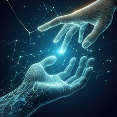 Abstract wireframe human hand reaching or giving something, blue background. Concept of technology and digital creation with polygon mesh
