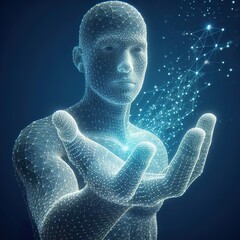 Abstract wireframe human hand reaching or giving something, blue background. Concept of technology and digital creation with polygon mesh