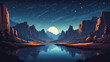 Vector illustration in flat simple style with copy space for text - night landscape with natural scene - canyon, river, and starry sky.