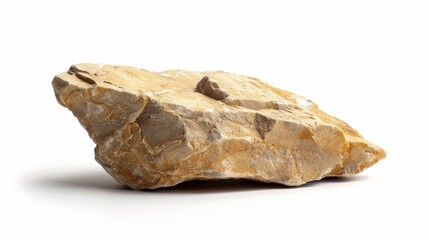 A single tan colored rock set against a white background