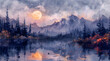 Silvery Serenade: Watercolor Scene of Lunar Eclipse Casting Unusual Light on Lake