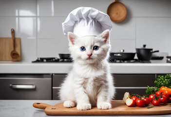 Poster - Adorable white kitten with chef hat with fluffy fur sits in a kitchen, looking cute and content