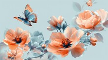 A Bouquet Of Two Oil Painted Butterflies And Flowers With Peach Hues And Blue Touches On Light Blue Background.