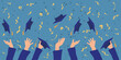 Graduation banner. Graduate students hands throwing  academic caps on blue background and confetti. Vector illustration.