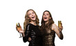 Two young ladies drinking champagne. Image of girls with balloons on a transparent background