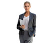 Portrait of young businesswoman holding touch pad while standing in modern office space interior.