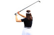 Woman golfer hits an fairway shot towards on a transparent background