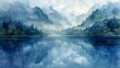Tranquil mountain lake mirroring foggy peaks and lush forests in atmospheric blue tones