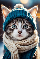 Wall Mural - Cute kitten wearing a scarf and warm hat