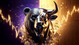 Fototapeta  - crypto icon half head bear and half head bull on charts background in purple and gold colors