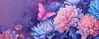 Purple backdrop, oil painting with pink and blue chrysanthemums with a pink butterfly