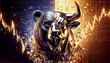 crypto icon half head bear and half head bull on charts background in purple and gold colors.