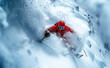 © alexkoral - male skier in red helmet falls skiing on ski down dangerous mountain snowy slope in winter