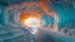 Majestic azure ice cave with glistening icicles and warm sunset light in the background