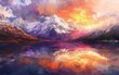 Fantasy landscape painting of snowcapped mountains and lake in vivid purple, orange and blue colors with painterly brushstrokes