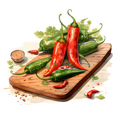 chili, put in a Summer-themed Serving Board, vegetable, full body, watercolor illustration, single object, isolate on white background for removing background.