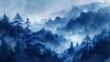 Ethereal blue misty forest landscape, atmospheric artwork with moonlight effect