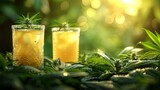 Fototapeta Panele -   A few glasses with liquid rest atop a lush, forested scene, abundant in verdant leaves