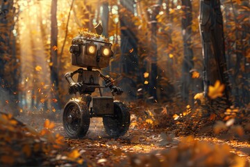 an artistic rendering of a robot made of metal and wood, with glowing eyes, riding a unicycle throug