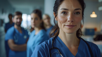 female hospital nurse looking at the camera at hospital ward with coworkers in the background