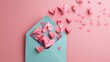 Pink origami hearts escaping from a blue envelope on a pink background, conveying the idea of love and romance, suitable for Valentine's Day, with a paper art style and a flat color palette.