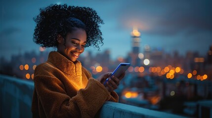 Poster - A smiling woman of color looking at their phone illuminating her face, standing outside at dusk. a city skyline is far in the distance. Generative AI.