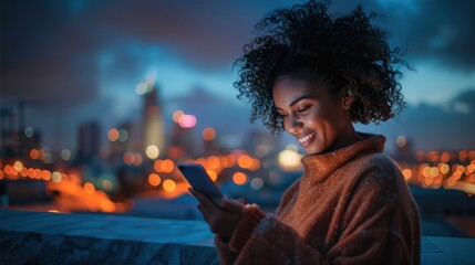 Poster - A smiling woman of color looking at their phone illuminating her face, standing outside at dusk. a city skyline is far in the distance. Generative AI.