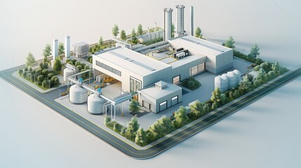 Wall Mural - 3d isometric, Main entrance of industrial park, 3D model with white background, top view. Generative AI.